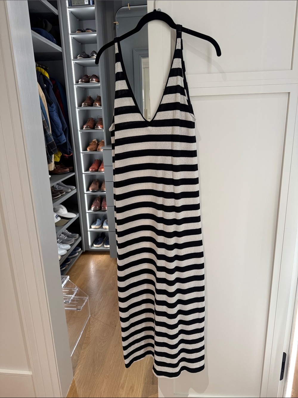 Black and White Striped V-Neck Knit Maxi Dress